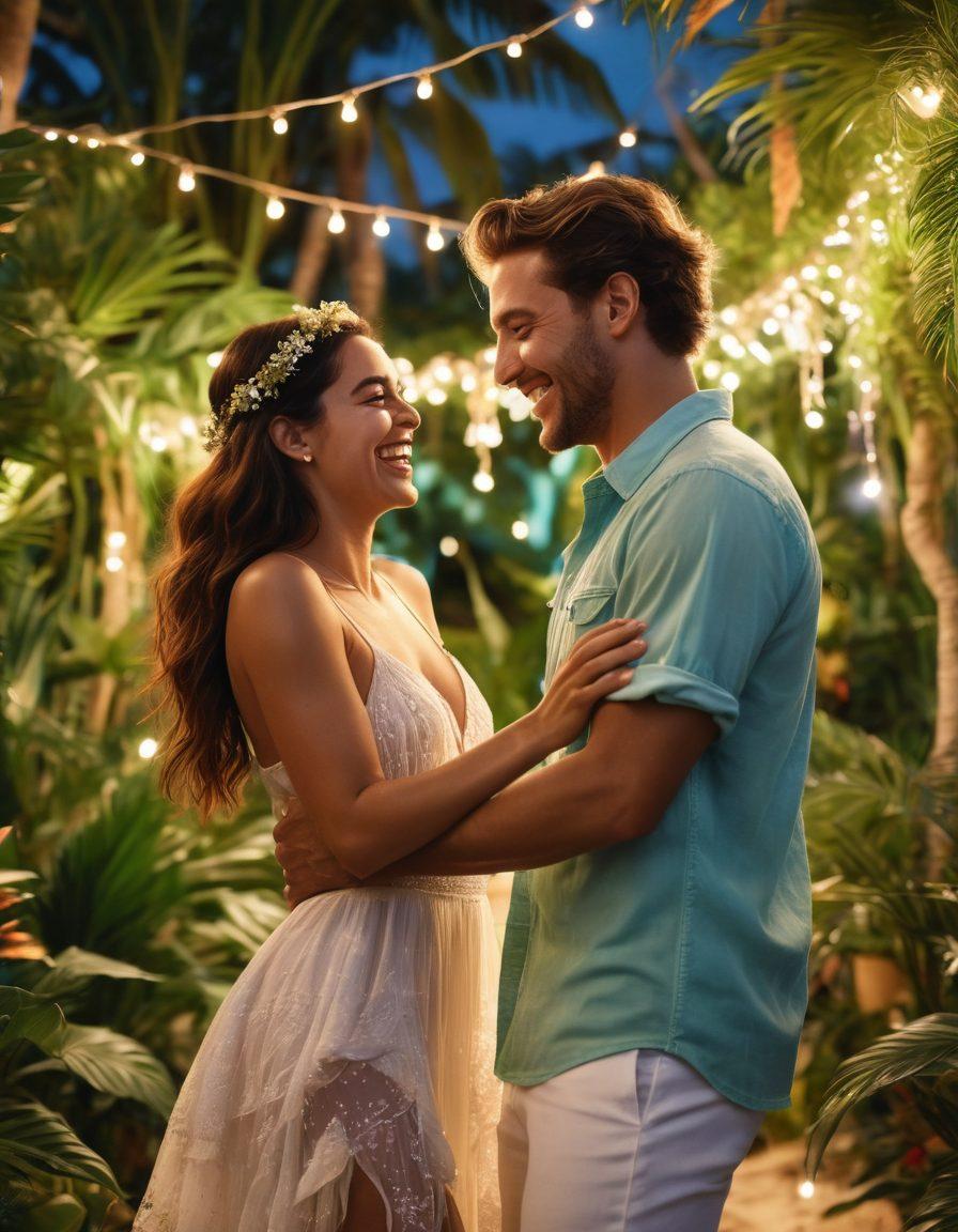 A dynamic scene depicting a diverse couple laughing and dancing in a lively party atmosphere, surrounded by tropical plants and soft fairy lights, embodying the spirit of adventurous love; soft glances exchanged and smiles hinting at fun and romance. Include a subtle hint of a luxurious beach backdrop. vibrant colors. super-realistic.