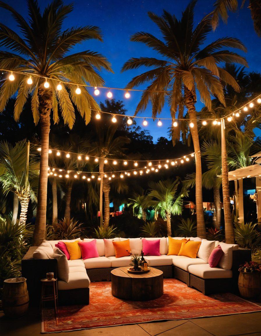 A vibrant, welcoming swinger community event set in a stylish outdoor location, featuring diverse couples engaging in playful interactions, showcasing joy and openness. Surrounding palm trees, cozy lounge areas, and colorful lights create an alluring atmosphere. The scene captures a sense of exploration and intimacy with hints of adventure in the air. super-realistic. vibrant colors. inviting ambiance.