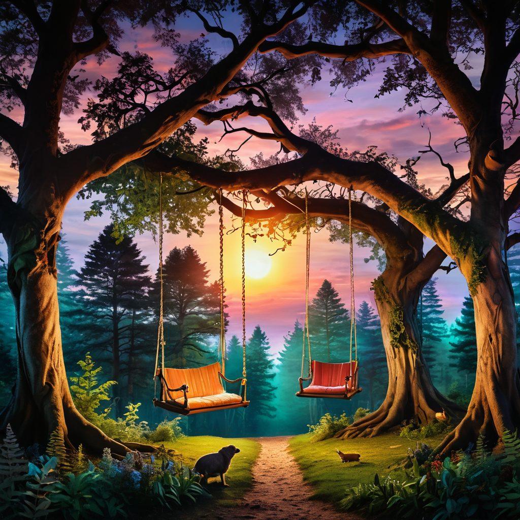 A whimsical and enchanting scene of a lush fantasy forest with oversized swaying swings hanging from ancient trees, playful woodland creatures peeking through the foliage, and couples enjoying their time on the swings, creating a sense of connection and adventure. The sky is a vibrant sunset, casting a warm glow over the scene, enhancing the thrilling atmosphere. dreamy fantasy style. vibrant colors. magical realism.